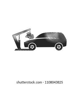 Engine overhaul icons in halftone style. Automotive vehicle maintenance service. Black and white monochrome vector illustration.