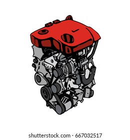 The engine is painted on a white background. Comic strip style red modern internal combustion engine. Vector illustration, EPS 10