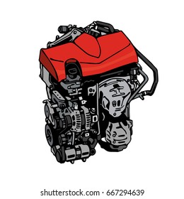 The engine is painted on a white background. Comic strip style red modern internal combustion engine. Vector illustration, EPS 10