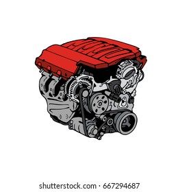 The engine is painted on a white background. Comic strip style red modern internal combustion engine. Vector illustration, EPS 10