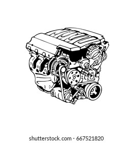 The engine is painted on a white background. Comic strip style modern internal combustion engine. Vector illustration, EPS 10