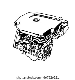 The engine is painted on a white background. Comic strip style modern internal combustion engine. Vector illustration, EPS 10