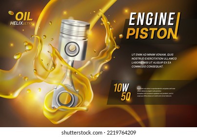 pistón del motor. Derrame de aceite para el motor del automóvil. Cambio de gasolina líquida 3D. Servicio mecánico automático. Cartel publicitario del combustible para vehículos. Lubricante de fluido sintético automotriz. Fondo de diseño del vector