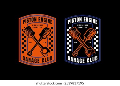 Diseño de logotipo de insignia retro cruzado de pistón de motor para garaje, taller, repuesto, deporte extremo. colección de logotipo de emblema cruzado de motor de cilindro para corredor, motocicleta, ciclista, aventura 