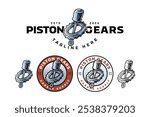 engine piston with gear ring colorful logo design set for garage, automotive, motorcycle club ring gear with cylinder engine vehicle illustration outline badge logo template for racing sport 