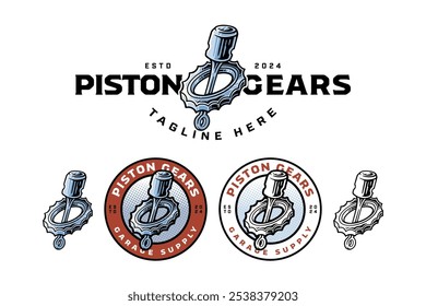 engine piston with gear ring colorful logo design set for garage, automotive, motorcycle club ring gear with cylinder engine vehicle illustration outline badge logo template for racing sport 