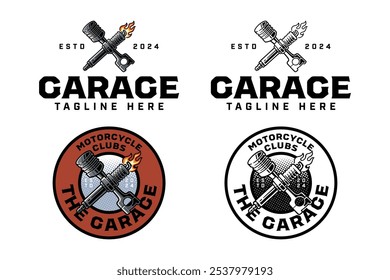 engine piston with spark plug crossed colorful outline logo design set for garage, automotive, motorcycle club piston, spark plug with fire illustration badge logo template for rider, racing sport 