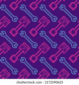Engine piston and Wrench pattern seamless. motorcycle pistons background. Car workshop texture