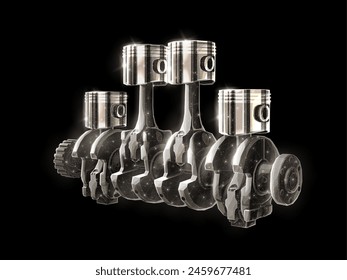 Engine pistons. Car parts, Motor mechanism, Parts shop, Automotive industry, Engine service, digital mechanic, Auto crankshaft, Motor innovation concept. Abstract 3d vector illustration.