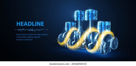 Engine pistons and oil. Car part, Motorbike drive, Lubricant motorcycle, Automotive industry, Engine Mechanic tool, Auto crankshaft, motor oil concept. Abstract 3d illustration.