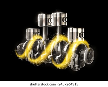 Motorkolben und Öl. Autoteil, Motorradantrieb, Schmiermittel Motorrad, Automobilindustrie, Motormechanik Werkzeug, Auto Kurbelwelle, Motorölkonzept. Abstrakte 3D-Darstellung.