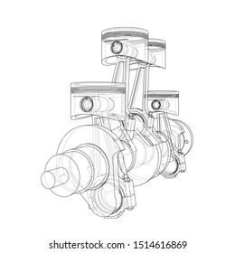 Engine pistons outline. Vector rendering of 3d. Wire-frame style. The layers of visible and invisible lines are separated