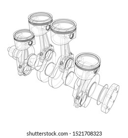Engine pistons outline. Vector rendering of 3d. Wire-frame style. The layers of visible and invisible lines are separated