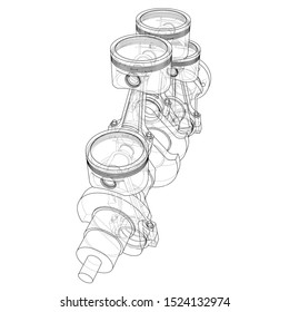 Engine pistons outline. Vector rendering of 3d. Wire-frame style. The layers of visible and invisible lines are separated
