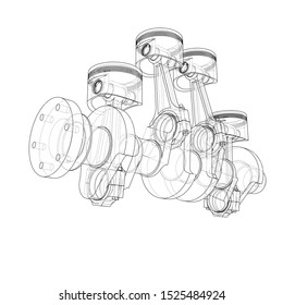 Engine pistons outline. Vector rendering of 3d. Wire-frame style. The layers of visible and invisible lines are separated