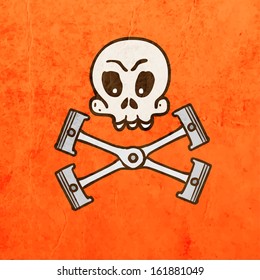 Engine Pistons with Skull. Cute Hand Drawn Vector illustration, Vintage Paper Texture Background. Biker Label.