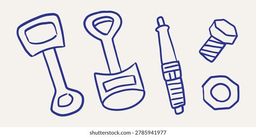 Engine pistons, engine spark plugs, nuts, and other engine components. Doodle Sketch Set Vector