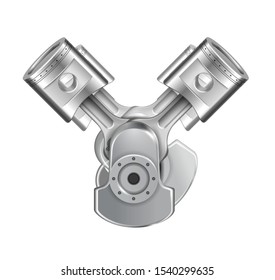 Engine pistons system composition with realistic image of assembled metal engine elements isolated on blank background vector illustration