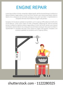 Engine repair, poster and text sample with headline, mechanical construction working man managing device, car service banner, vector illustration