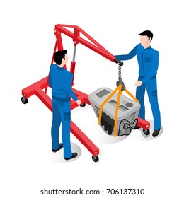 engine replacement, car service workers work with special equipment