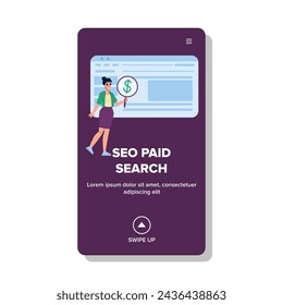 engine seo paid search vector. google marketing, social click, campaign optimization engine seo paid search web flat cartoon illustration