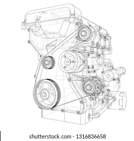 Engine sketch. Vector rendering of 3d. Wire-frame style. The layers of visible and invisible lines are separated