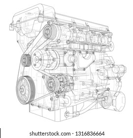 Engine sketch. Vector rendering of 3d. Wire-frame style. The layers of visible and invisible lines are separated