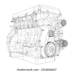 Engine sketch. Vector rendering of 3d. Wire-frame style. The layers of visible and invisible lines are separated