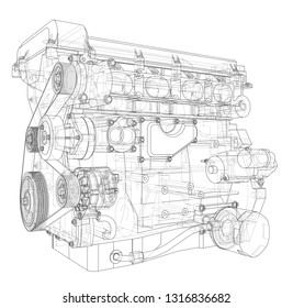 Engine sketch. Vector rendering of 3d. Wire-frame style. The layers of visible and invisible lines are separated