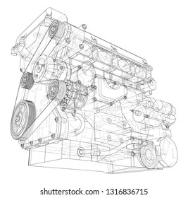 Engine sketch. Vector rendering of 3d. Wire-frame style. The layers of visible and invisible lines are separated