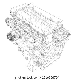 Engine sketch. Vector rendering of 3d. Wire-frame style. The layers of visible and invisible lines are separated