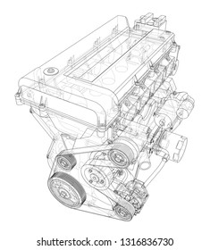 Engine sketch. Vector rendering of 3d. Wire-frame style. The layers of visible and invisible lines are separated