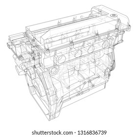 Engine sketch. Vector rendering of 3d. Wire-frame style. The layers of visible and invisible lines are separated
