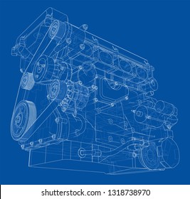 Engine sketch. Vector rendering of 3d. Wire-frame style. The layers of visible and invisible lines are separated