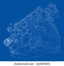 Engine sketch. Vector rendering of 3d. Wire-frame style. The layers of visible and invisible lines are separated