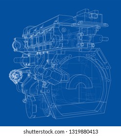 Engine sketch. Vector rendering of 3d. Wire-frame style. The layers of visible and invisible lines are separated
