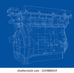 Engine sketch. Vector rendering of 3d. Wire-frame style. The layers of visible and invisible lines are separated