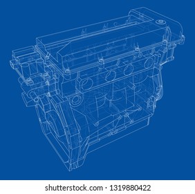 Engine sketch. Vector rendering of 3d. Wire-frame style. The layers of visible and invisible lines are separated