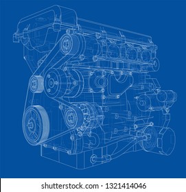 Esbozo del motor. Representación vectorial de 3d. Estilo de marco de cables. Las capas de líneas visibles e invisibles están separadas