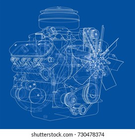 Engine sketch. Vector rendering of 3d. Wire-frame style