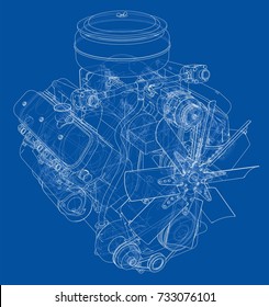 Engine sketch. Vector rendering of 3d. Wire-frame style