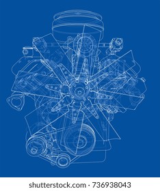 Engine sketch. Vector rendering of 3d. Wire-frame style