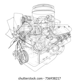 Engine sketch. Vector rendering of 3d. Wire-frame style