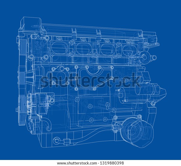 Engine sketch.
Vector rendering of 3d. Wire-frame style. The layers of visible and
invisible lines are
separated
