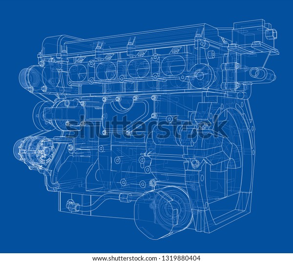 Engine sketch.\
Vector rendering of 3d. Wire-frame style. The layers of visible and\
invisible lines are\
separated