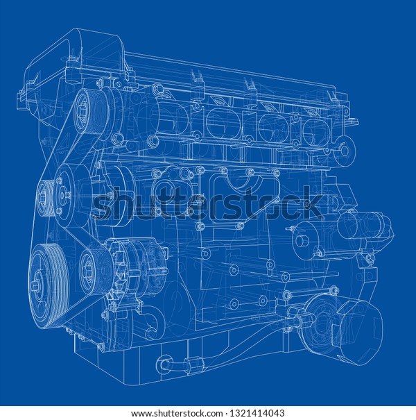 Engine sketch.\
Vector rendering of 3d. Wire-frame style. The layers of visible and\
invisible lines are\
separated