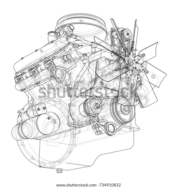 Engine\
sketch. Vector rendering of 3d. Wire-frame\
style