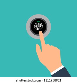 Engine starting and stopping system. Engine start. The person presses the finger on the start and stop button of car motor. Vector illustration flat design.