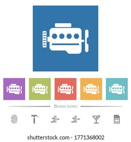 Engine symbol flat white icons in square backgrounds. 6 bonus icons included.