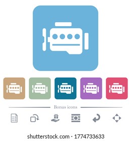 Engine symbol white flat icons on color rounded square backgrounds. 6 bonus icons included